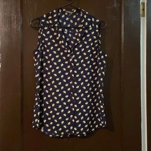 Small express lemon print button down sleeveless blouse